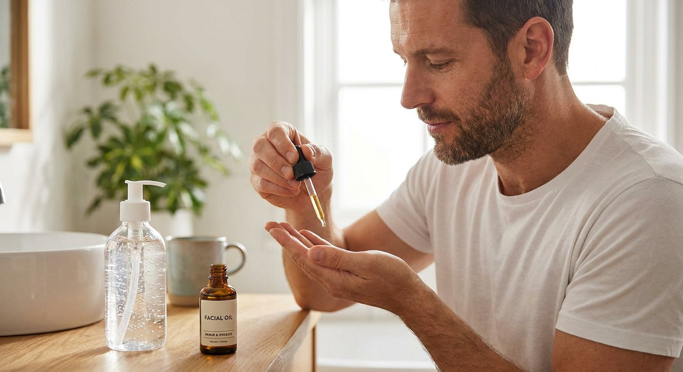 Facial oil for men whose skin gets tight from hand sanitizer