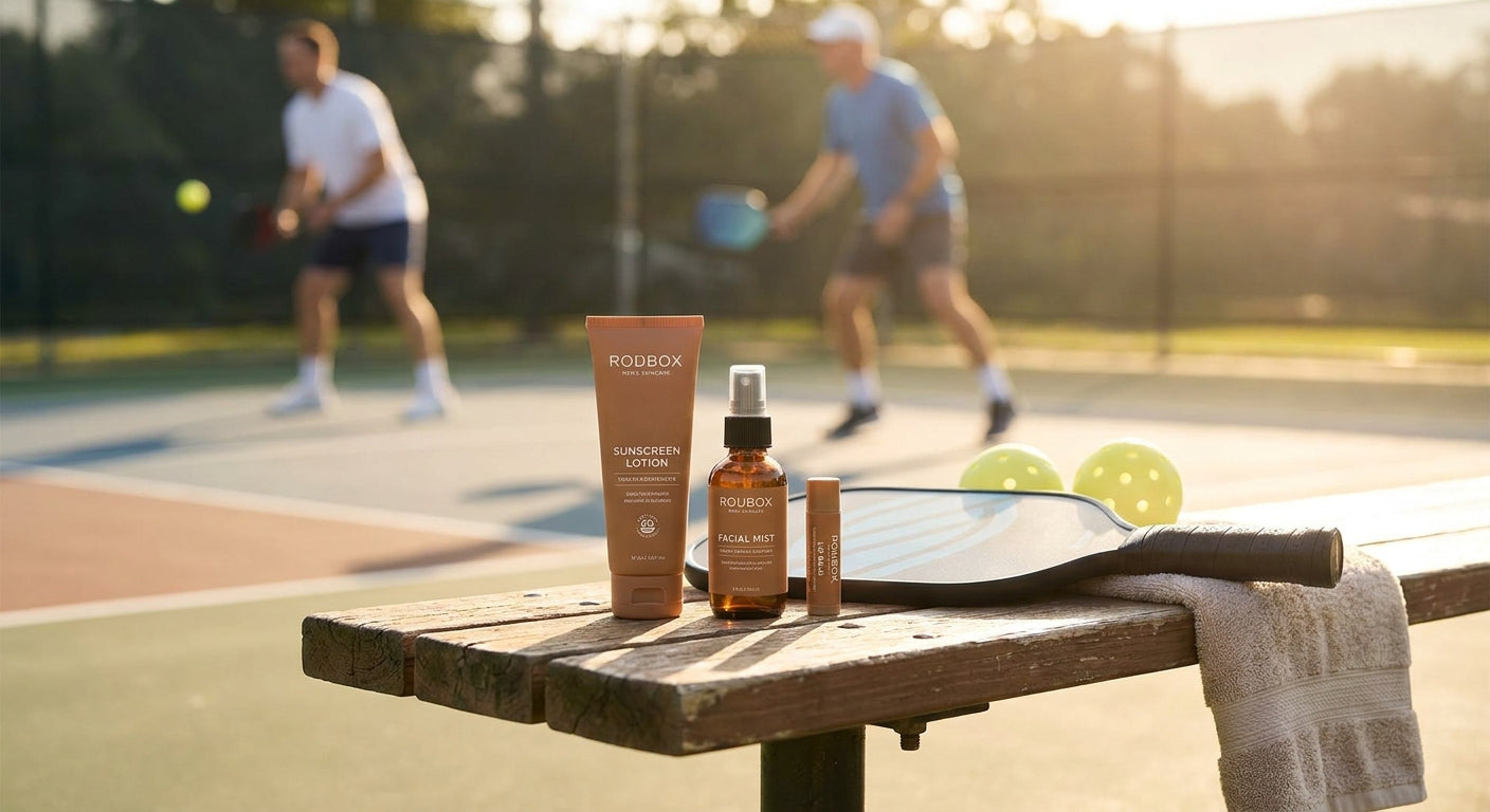 Skincare set for men taking up pickleball or tennis outdoors