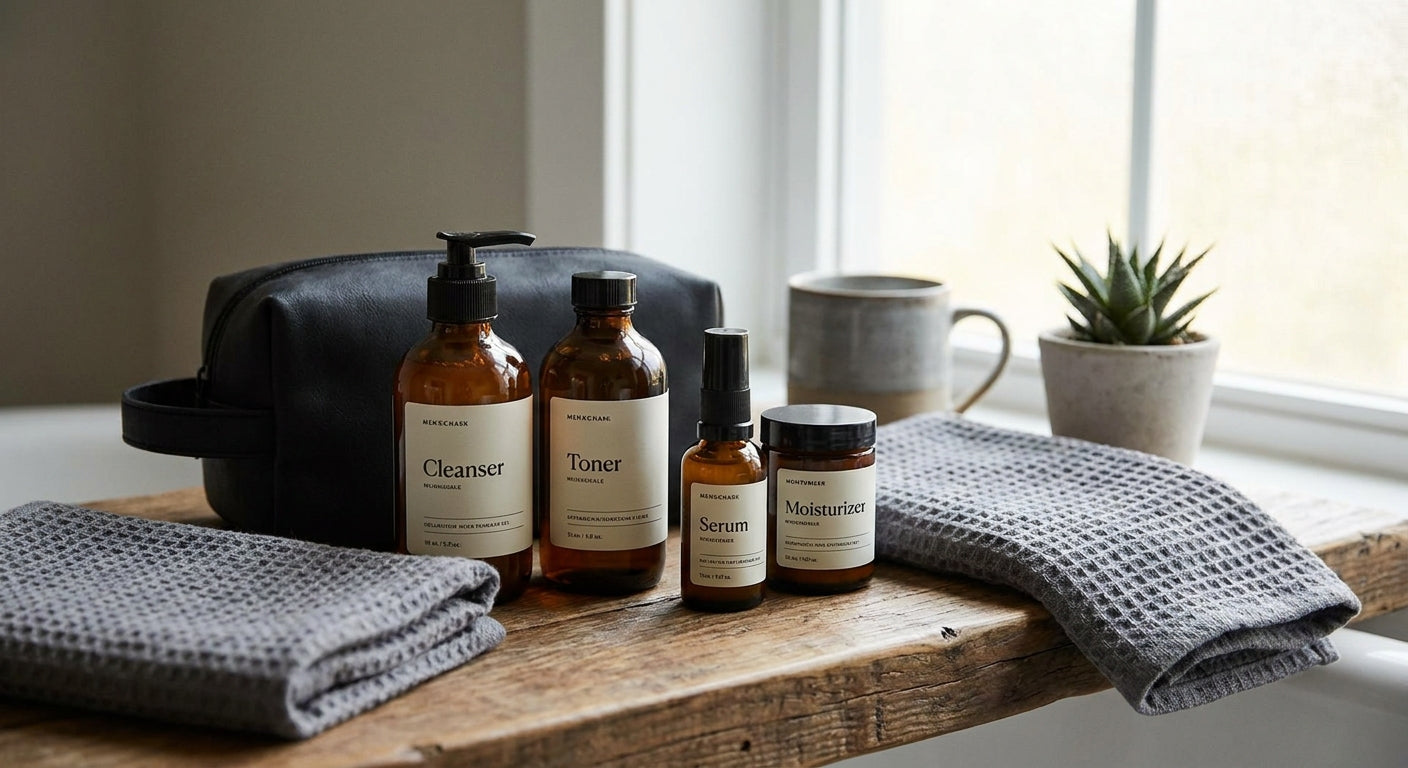 Skincare set for men doing a January reset routine