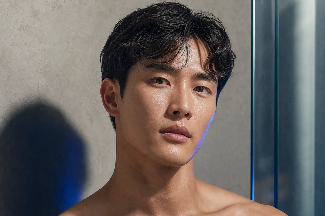 Young adult with natural highlights beside matte concrete and clear glass for the Oily Skin collection.