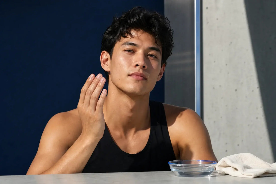 Young adult with damp fingertips and a clear glass ritual cue for the Face & Skin collection.